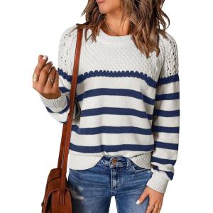 imageDokotoo Womens Sweaters Crewneck Long Sleeve Fashion Striped Knitted Color Block Pullover Sweater Jumper TopsBlue
