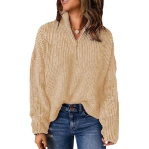 imageDokotoo Womens Sweaters Long Sleeve 14 Zip Pullover Polo V Neck Dressy Casual TopsA Apricot