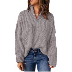 imageDokotoo Womens Sweaters Long Sleeve 14 Zip Pullover Polo V Neck Dressy Casual TopsA1 Gray