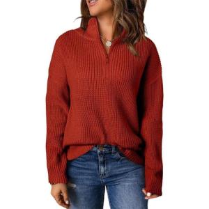 imageDokotoo Womens Sweaters Long Sleeve 14 Zip Pullover Polo V Neck Dressy Casual TopsA1 Red