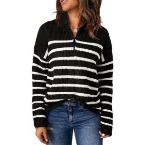 imageDokotoo Womens Sweaters Long Sleeve 14 Zip Pullover Polo V Neck Dressy Casual TopsAblackwhite