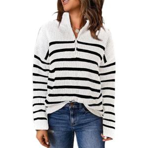imageDokotoo Womens Sweaters Long Sleeve 14 Zip Pullover Polo V Neck Dressy Casual TopsAwhiteblack