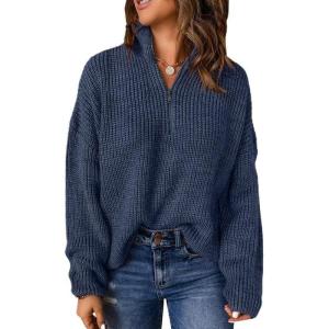 imageDokotoo Womens Sweaters Long Sleeve 14 Zip Pullover Polo V Neck Dressy Casual TopsB Blue