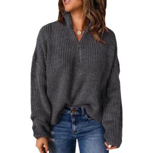 imageDokotoo Womens Sweaters Long Sleeve 14 Zip Pullover Polo V Neck Dressy Casual TopsB Gray