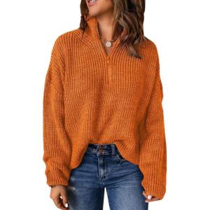imageDokotoo Womens Sweaters Long Sleeve 14 Zip Pullover Polo V Neck Dressy Casual TopsB Orange