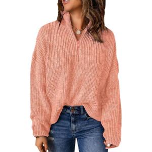 imageDokotoo Womens Sweaters Long Sleeve 14 Zip Pullover Polo V Neck Dressy Casual TopsB Pink