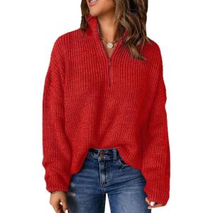imageDokotoo Womens Sweaters Long Sleeve 14 Zip Pullover Polo V Neck Dressy Casual TopsB Red