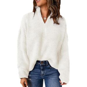 imageDokotoo Womens Sweaters Long Sleeve 14 Zip Pullover Polo V Neck Dressy Casual TopsB White