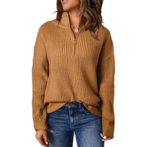 imageDokotoo Womens Sweaters Long Sleeve 14 Zip Pullover Polo V Neck Dressy Casual TopsB1 Brown