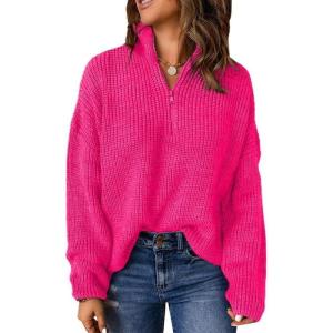 imageDokotoo Womens Sweaters Long Sleeve 14 Zip Pullover Polo V Neck Dressy Casual TopsB1 Rose