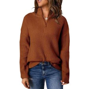 imageDokotoo Womens Sweaters Long Sleeve 14 Zip Pullover Polo V Neck Dressy Casual TopsB2 Brown