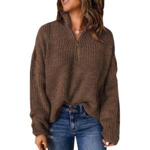 imageDokotoo Womens Sweaters Long Sleeve 14 Zip Pullover Polo V Neck Dressy Casual TopsB3 Brown