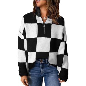 imageDokotoo Womens Sweaters Long Sleeve 14 Zip Pullover Polo V Neck Dressy Casual TopsBwhiteblack