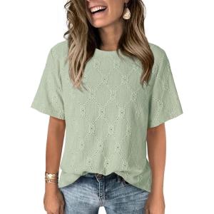 imageDokotoo Womens Tops Casual Scoop Neck Short Sleeve Eyelet Embroidered Hollow Out Blouses ShirtsClearly Aqua