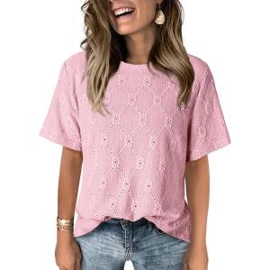 imageDokotoo Womens Tops Casual Scoop Neck Short Sleeve Eyelet Embroidered Hollow Out Blouses ShirtsLight Pink