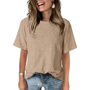 imageDokotoo Womens Tops Casual Scoop Neck Short Sleeve Eyelet Embroidered Hollow Out Blouses ShirtsPale Khaki