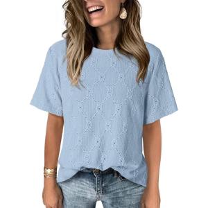 imageDokotoo Womens Tops Casual Scoop Neck Short Sleeve Eyelet Embroidered Hollow Out Blouses ShirtsSky Blue