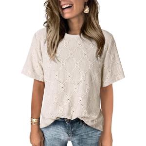 imageDokotoo Womens Tops Casual Scoop Neck Short Sleeve Eyelet Embroidered Hollow Out Blouses ShirtsWhite