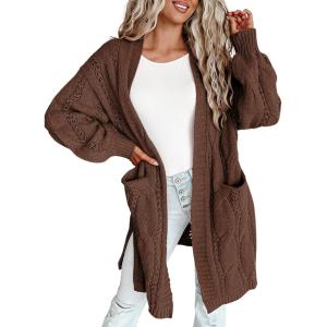 imageDokotoo Long Cardigans for Women Open Front 2025 Long Sleeves Lightweight Fall Sweaters with PocketsCoffee