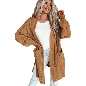 imageDokotoo Long Cardigans for Women Open Front 2025 Long Sleeves Lightweight Fall Sweaters with PocketsKhaki 1