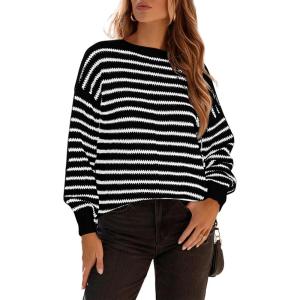 imageDokotoo Sweaters for Women Crewneck Long Sleeve Striped Color Block Loose Knit Pullover Sweater TopsBlack