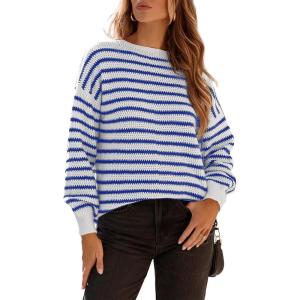 imageDokotoo Sweaters for Women Crewneck Long Sleeve Striped Color Block Loose Knit Pullover Sweater TopsBlue