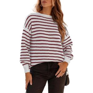 imageDokotoo Sweaters for Women Crewneck Long Sleeve Striped Color Block Loose Knit Pullover Sweater TopsRed