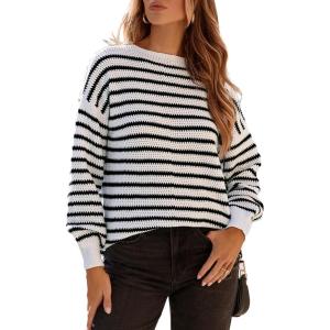 imageDokotoo Sweaters for Women Crewneck Long Sleeve Striped Color Block Loose Knit Pullover Sweater TopsWhite