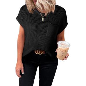 imageDokotoo Womens Casual Short Sleeve Loose Tunic Tops Lightweight Knit Spring Pullover Sweater BlousesBlack