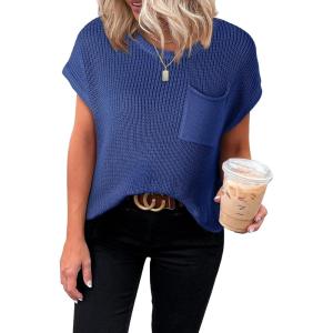 imageDokotoo Womens Casual Short Sleeve Loose Tunic Tops Lightweight Knit Spring Pullover Sweater BlousesNavy Blue