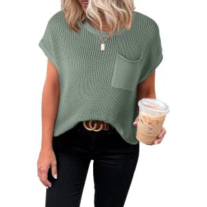 imageDokotoo Womens Casual Short Sleeve Loose Tunic Tops Lightweight Knit Spring Pullover Sweater BlousesSmoke Green