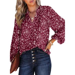 imageDokotoo Womens Casual V Neck Alicia Floral Print Smocked Long Sleeve Chiffon Blouses Bohemian Top ShirtsBiking Red