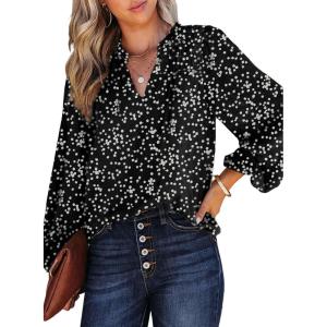 imageDokotoo Womens Casual V Neck Alicia Floral Print Smocked Long Sleeve Chiffon Blouses Bohemian Top ShirtsBlack