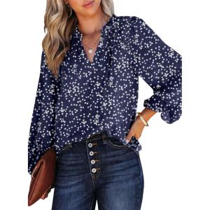 imageDokotoo Womens Casual V Neck Alicia Floral Print Smocked Long Sleeve Chiffon Blouses Bohemian Top ShirtsBlue