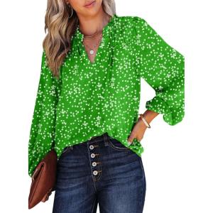 imageDokotoo Womens Casual V Neck Alicia Floral Print Smocked Long Sleeve Chiffon Blouses Bohemian Top ShirtsGrass Green