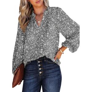 imageDokotoo Womens Casual V Neck Alicia Floral Print Smocked Long Sleeve Chiffon Blouses Bohemian Top ShirtsGray