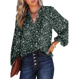 imageDokotoo Womens Casual V Neck Alicia Floral Print Smocked Long Sleeve Chiffon Blouses Bohemian Top ShirtsGreen