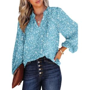 imageDokotoo Womens Casual V Neck Alicia Floral Print Smocked Long Sleeve Chiffon Blouses Bohemian Top ShirtsLight Blue