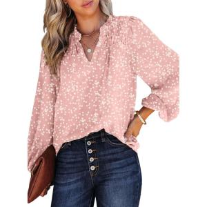 imageDokotoo Womens Casual V Neck Alicia Floral Print Smocked Long Sleeve Chiffon Blouses Bohemian Top ShirtsLight Pink