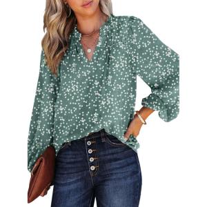 imageDokotoo Womens Casual V Neck Alicia Floral Print Smocked Long Sleeve Chiffon Blouses Bohemian Top ShirtsMineral Blue