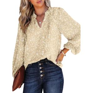 imageDokotoo Womens Casual V Neck Alicia Floral Print Smocked Long Sleeve Chiffon Blouses Bohemian Top ShirtsParchment