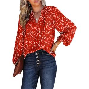 imageDokotoo Womens Casual V Neck Alicia Floral Print Smocked Long Sleeve Chiffon Blouses Bohemian Top ShirtsRacing Red