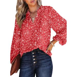 imageDokotoo Womens Casual V Neck Alicia Floral Print Smocked Long Sleeve Chiffon Blouses Bohemian Top ShirtsRed