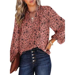 imageDokotoo Womens Casual V Neck Alicia Floral Print Smocked Long Sleeve Chiffon Blouses Bohemian Top ShirtsRose Pink