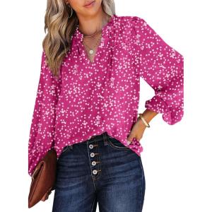 imageDokotoo Womens Casual V Neck Alicia Floral Print Smocked Long Sleeve Chiffon Blouses Bohemian Top ShirtsRose Red