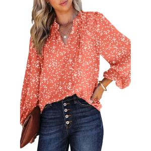imageDokotoo Womens Casual V Neck Alicia Floral Print Smocked Long Sleeve Chiffon Blouses Bohemian Top ShirtsSalmon