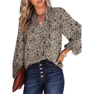 imageDokotoo Womens Casual V Neck Alicia Floral Print Smocked Long Sleeve Chiffon Blouses Bohemian Top ShirtsSimply Taupe