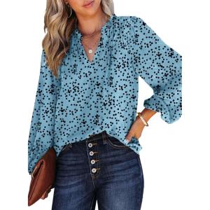 imageDokotoo Womens Casual V Neck Alicia Floral Print Smocked Long Sleeve Chiffon Blouses Bohemian Top ShirtsSky Blue