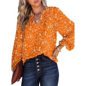 imageDokotoo Womens Casual V Neck Alicia Floral Print Smocked Long Sleeve Chiffon Blouses Bohemian Top ShirtsVitality Orange