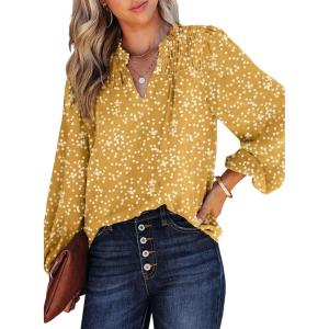 imageDokotoo Womens Casual V Neck Alicia Floral Print Smocked Long Sleeve Chiffon Blouses Bohemian Top ShirtsYellow